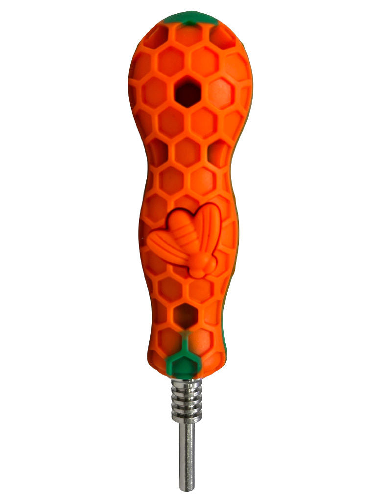 Orange Mini Silicone Dab Straw Titanium Tip attached with Bee design