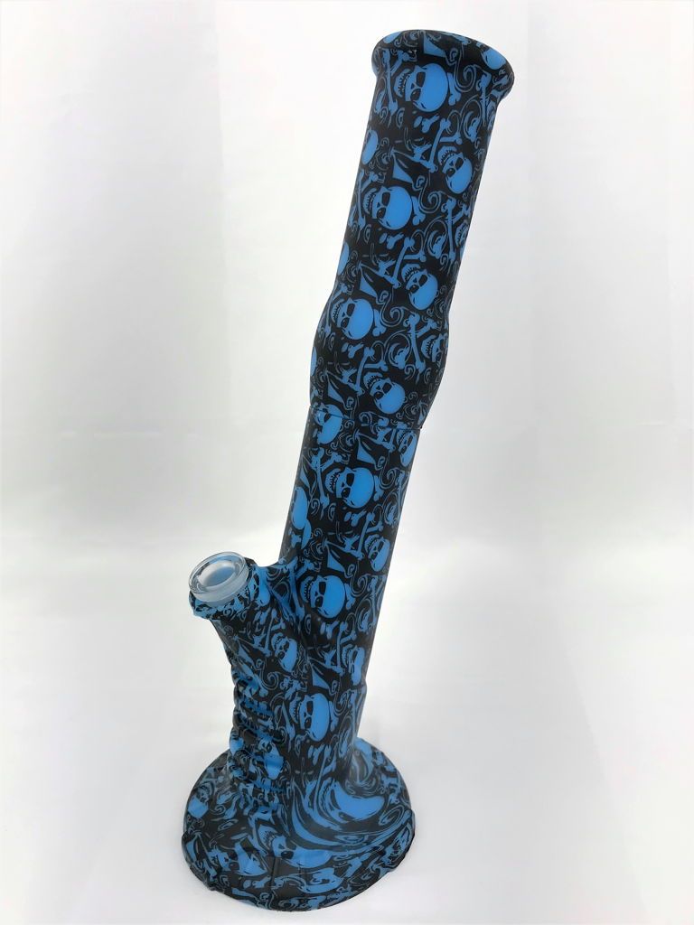 Silicone Water Pipe With Glass on Glass Bowl & Down Stem Blue Skulls