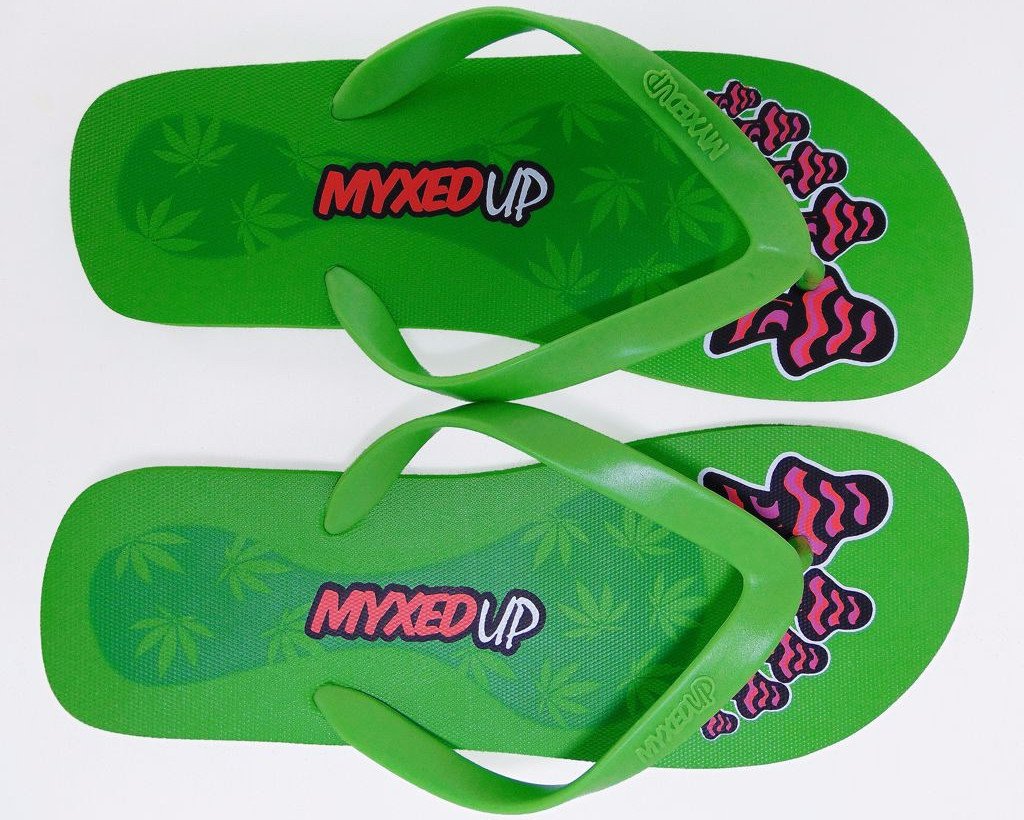 Myxed Up flip-flop sandals with pot leaf mushroom design